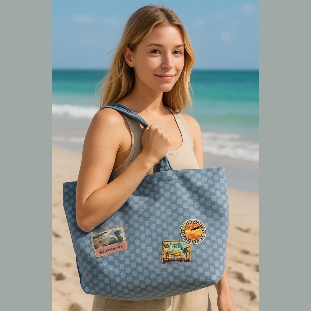 Estee Lauder Blue Checkered Tote with Patch Designs
#Beach #retro
